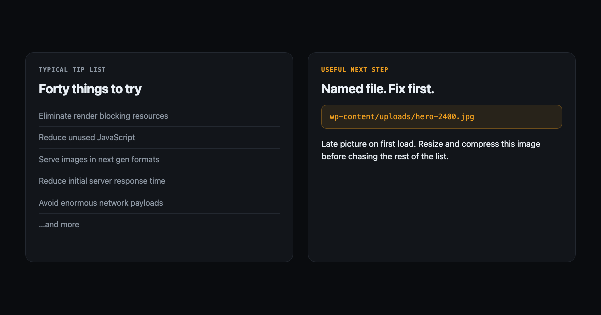 Side by side: a long tip list versus a named file and what to fix first